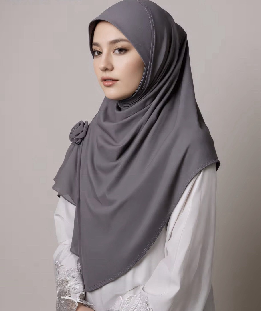 Women’s Gray Solid Chiffon Polyester Hijab Headscarf Wrap Scarf Flower Accent