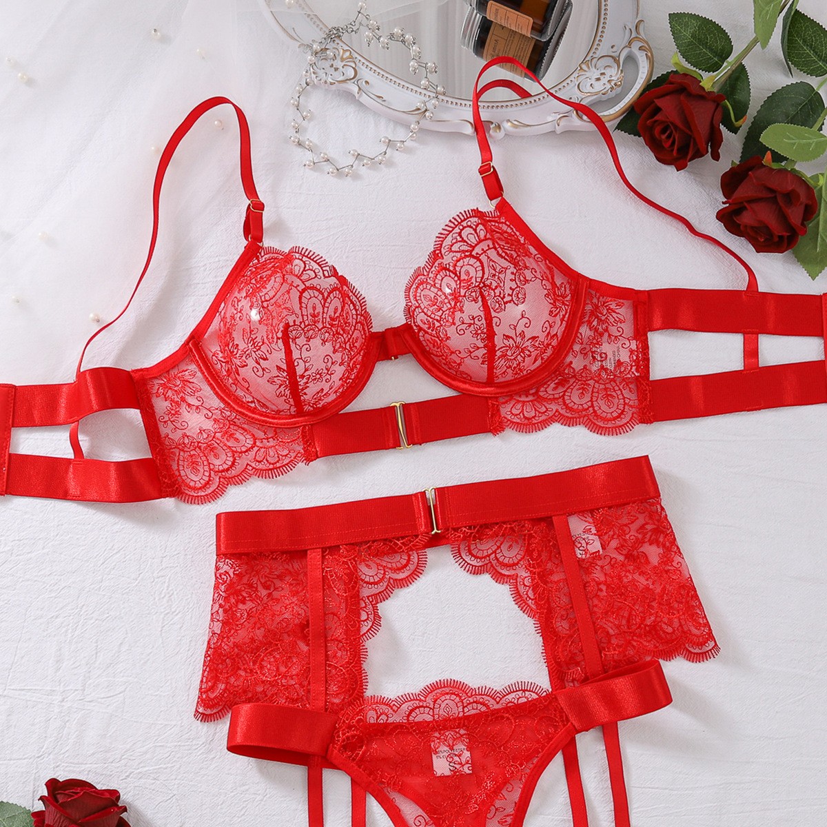 Embroidered Eyelash Lace Bra Waist Garter Thongs Thigh Belt 4-Piece Lingerie Set