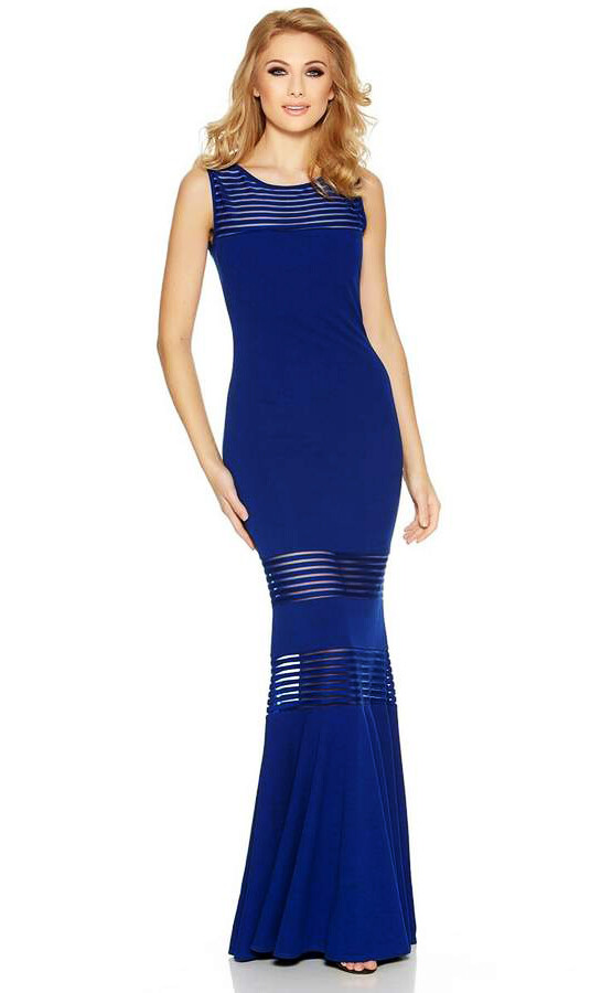 QUIZ Insert Fishtail Maxi Cocktail Party Wedding Dress Gown Blue & Black Mesh