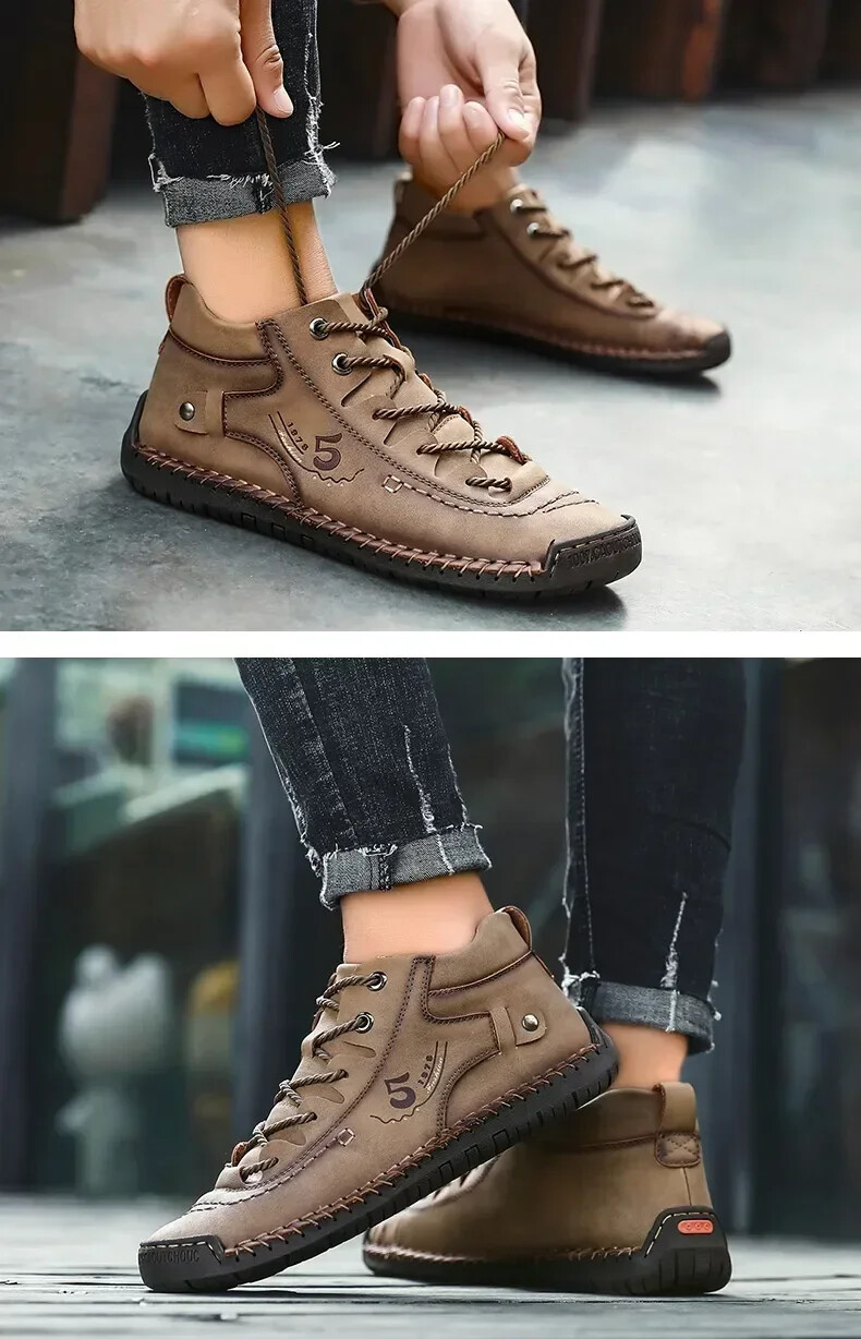 Men Hand Stitched Leather Walking Shoes Lace Up Non Slip Casual Outdoor Sneakers