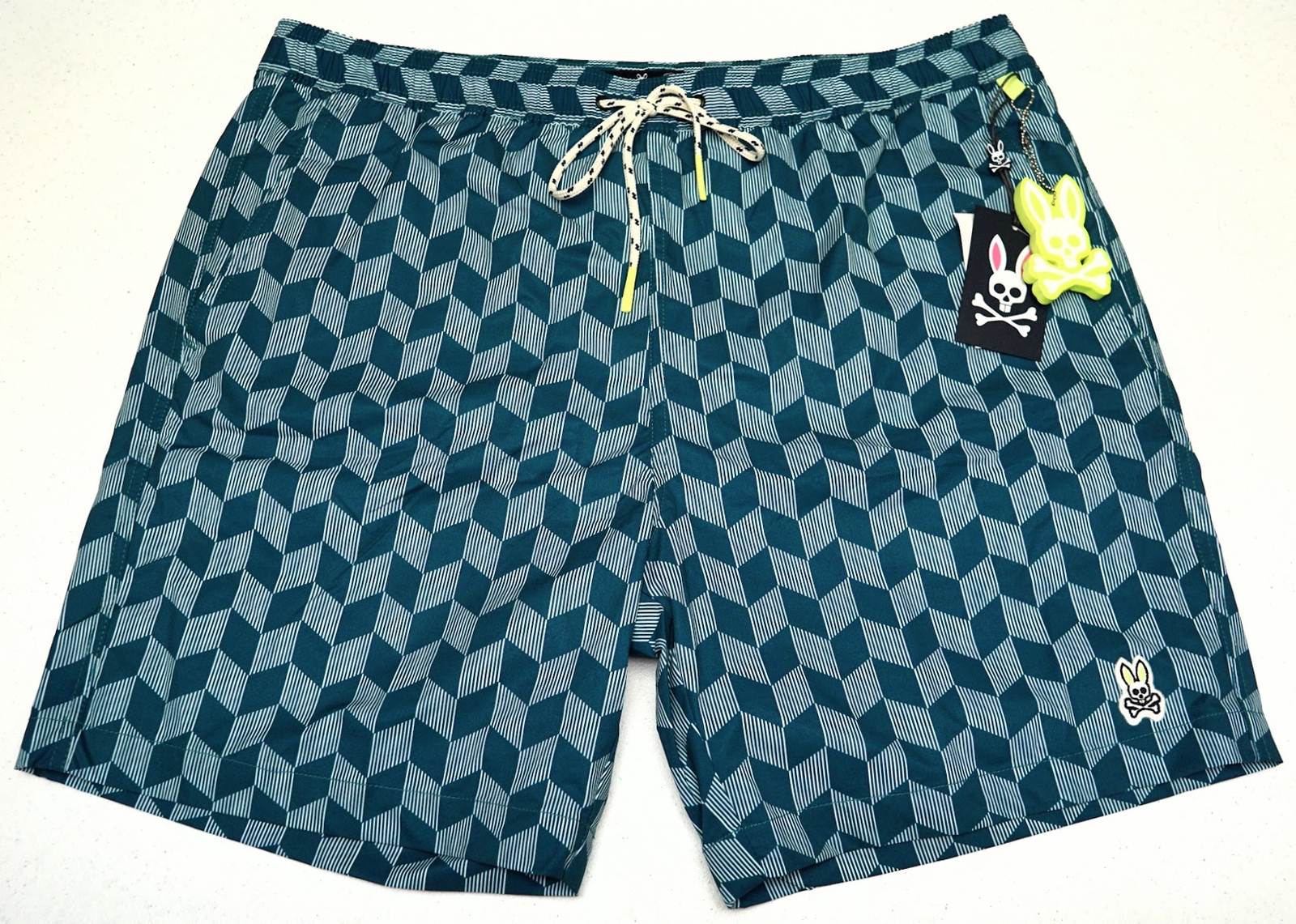 Psycho Bunny Swimsuit Mens Swim Trunks Green Geometric Board Shorts $95