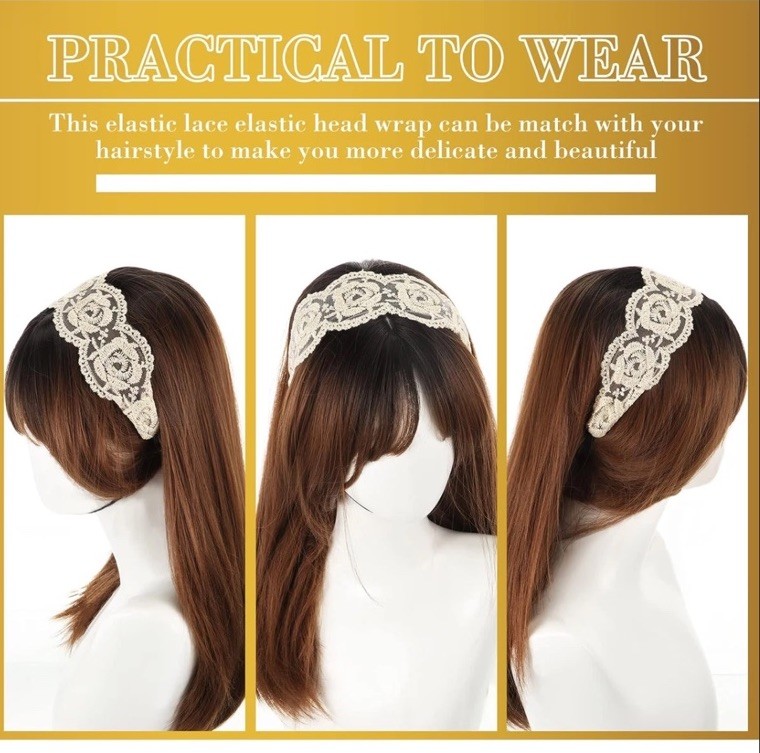 Women Lace Headband Stretch Hairband Elegant Wide Headwrap