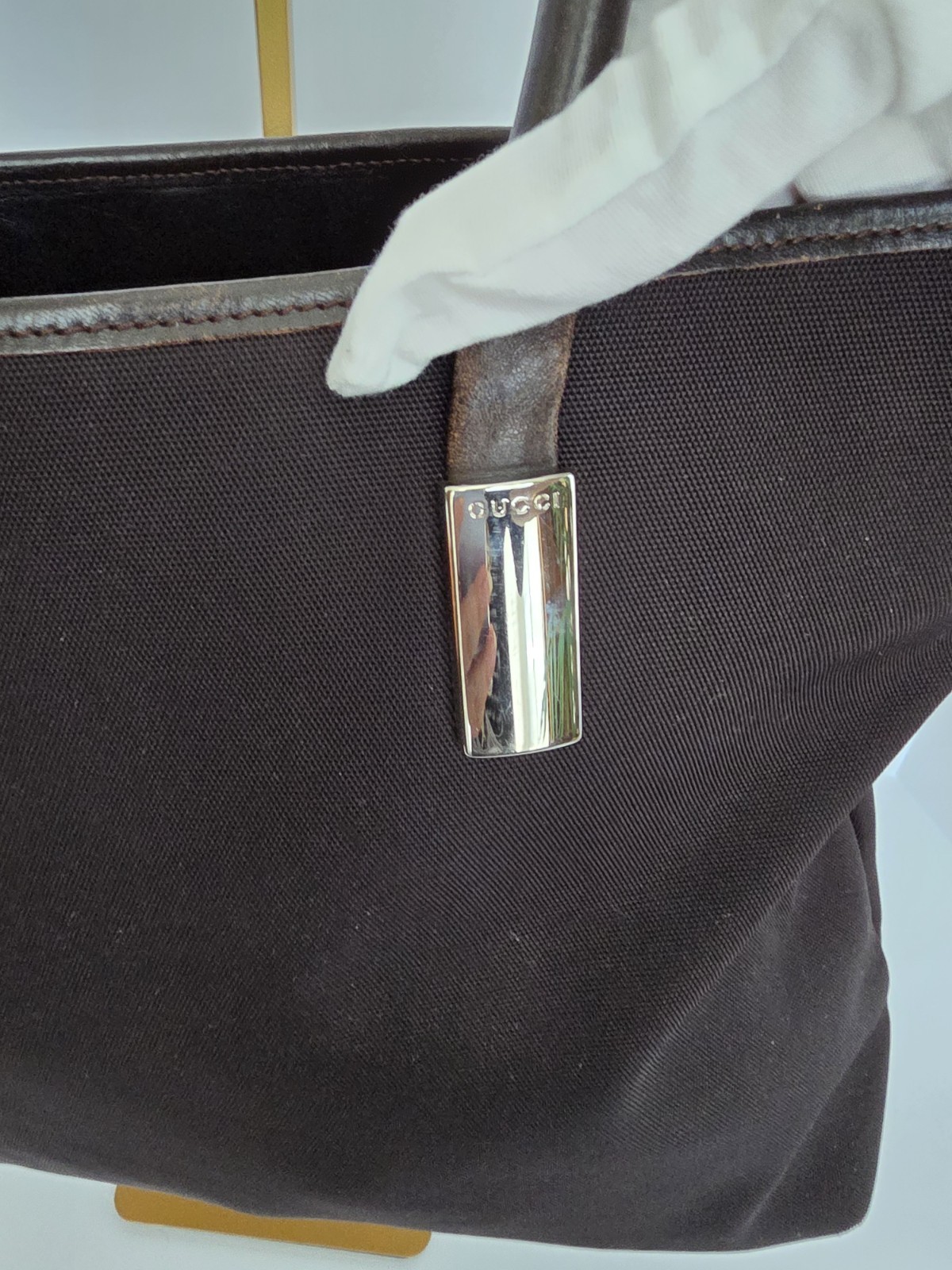 GUCCI Brown Nylon Leather Trim Tote Bag Logo Vintage 0457