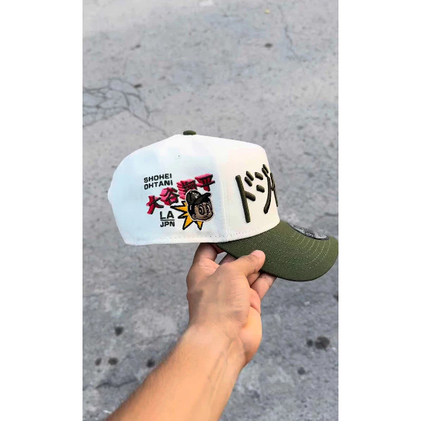 LA Dodgers Japanese Katakana Hat Cream Olive Green Two Tone Baseball Cap