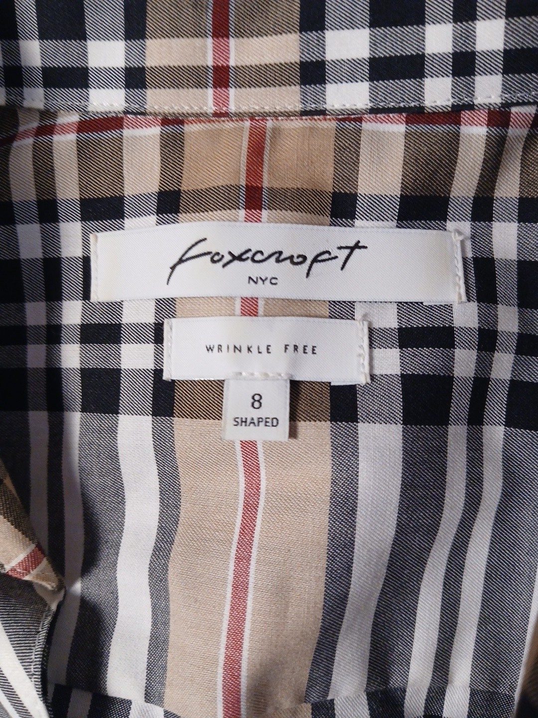Foxcroft NYC Womens Size 8 Wrinkle Free Plaid Button Front Shirt Beige White…