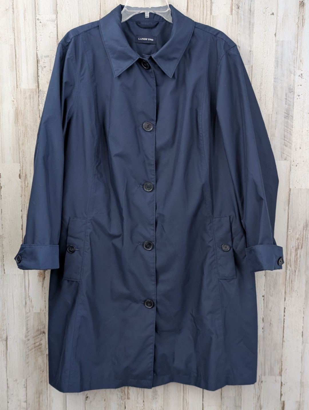 Lands End Long Rain Trench Overcoat Womans L Navy Blue Lined Pockets All Seasons