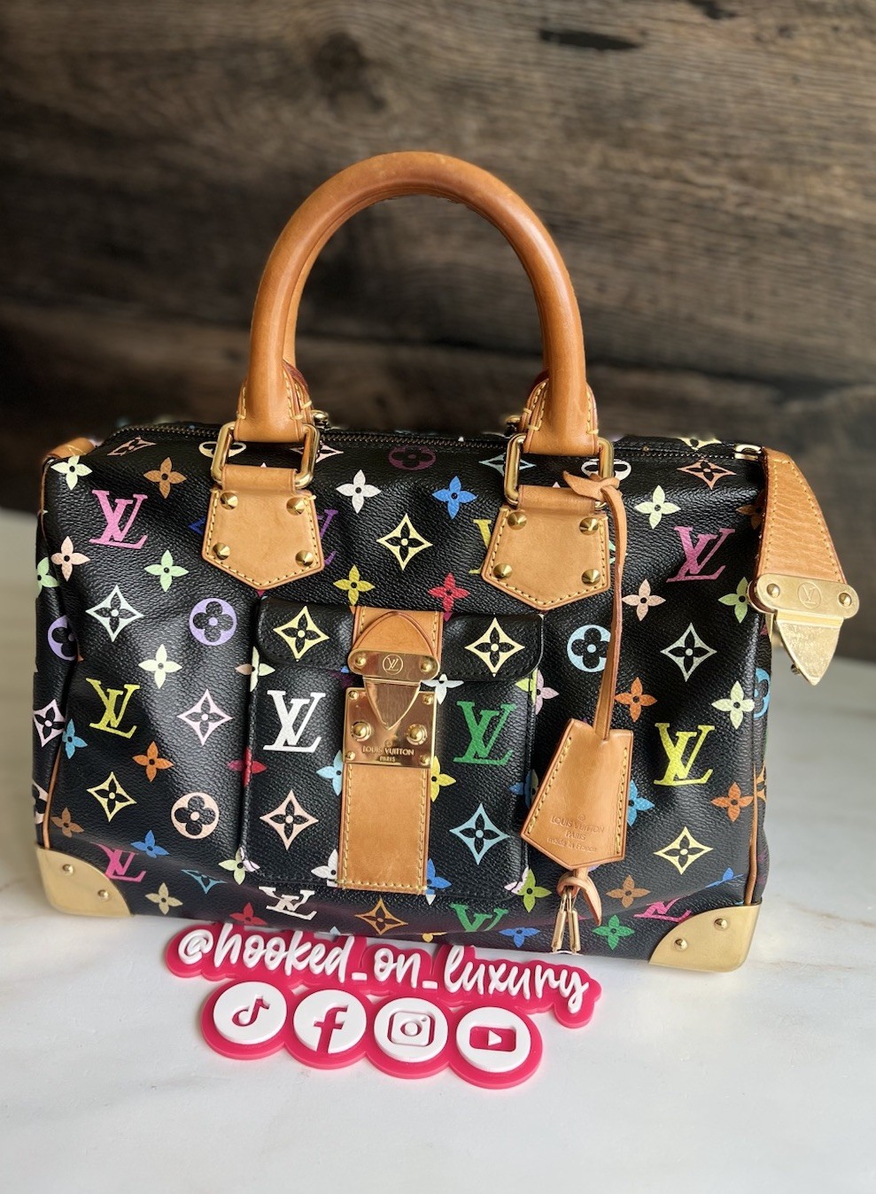Authentic Louis Vuitton Takashi Murakami Black Multicolor Speedy 30 Handbag Tote