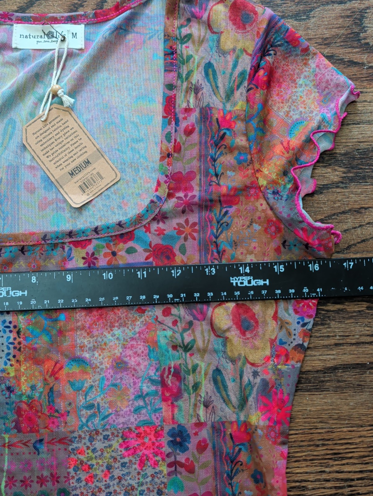 NWT Natural Life Carina Mesh Floral Colorful Sheer Short Slv Square Neck Top M