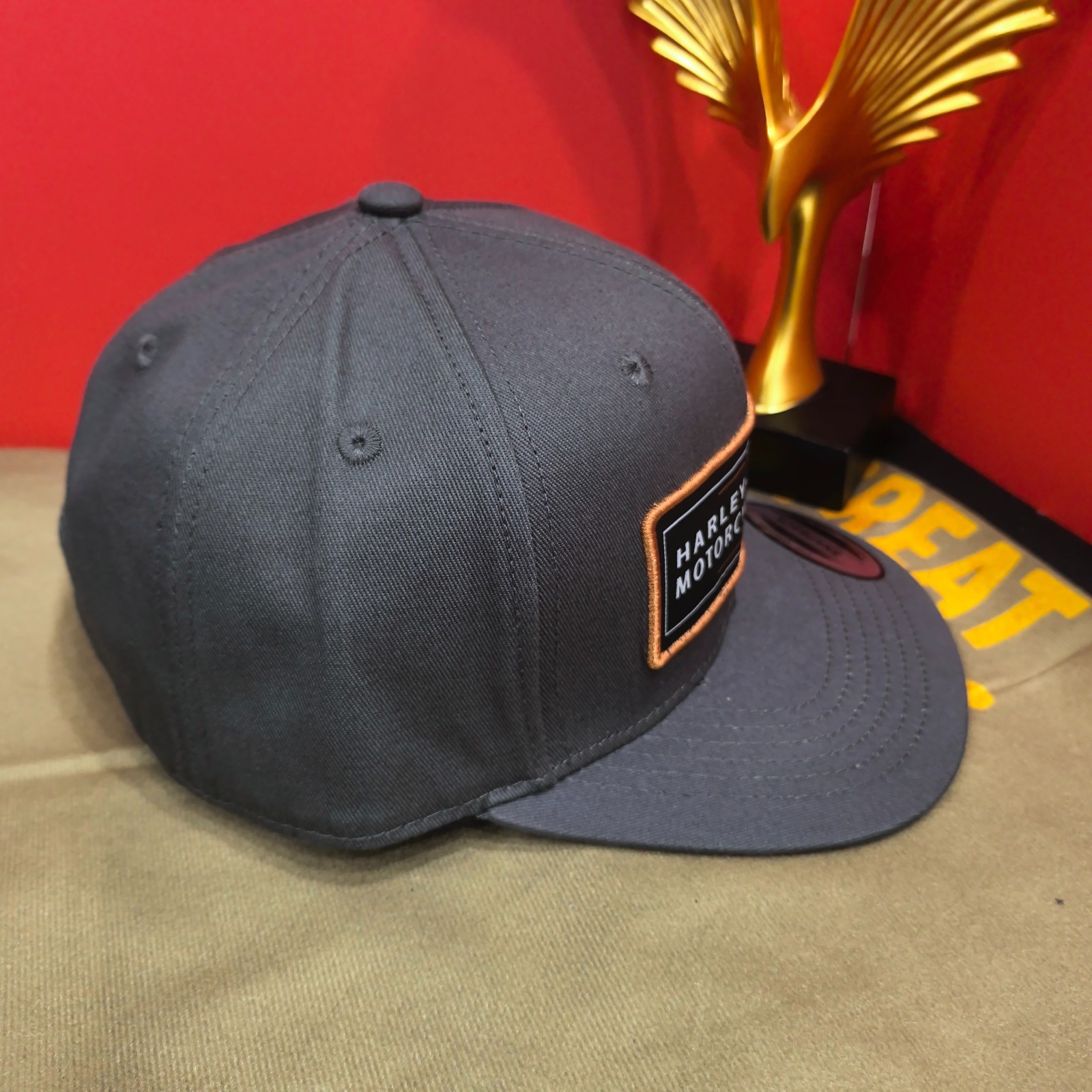 Harley-Davidson Orange-Bordered Patch Logo Flat-Brim Cap Gray Adjustable