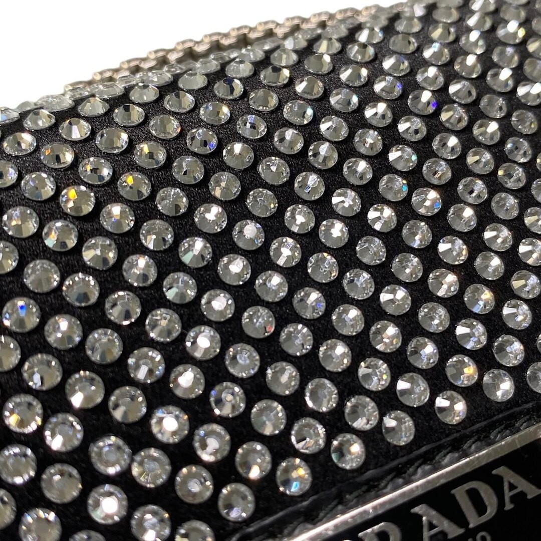 PRADA Rhinestone Flap Card Holder Mini Bag Black Silver Women TA1 Used AYAN-0
