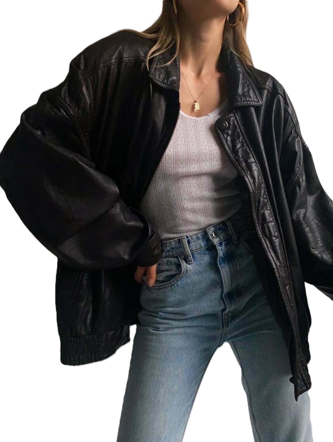 Women 90’s Fashion Leather Jacket Vintage Black Leather Oversized Bomber Jacket