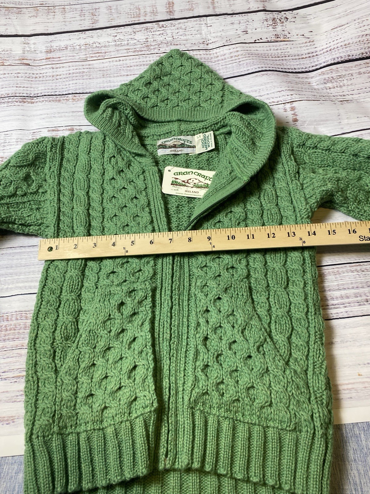 Aran Crafts Womens M Green Wool Cable-Knit Full Zip Collared Cardigan Sweater