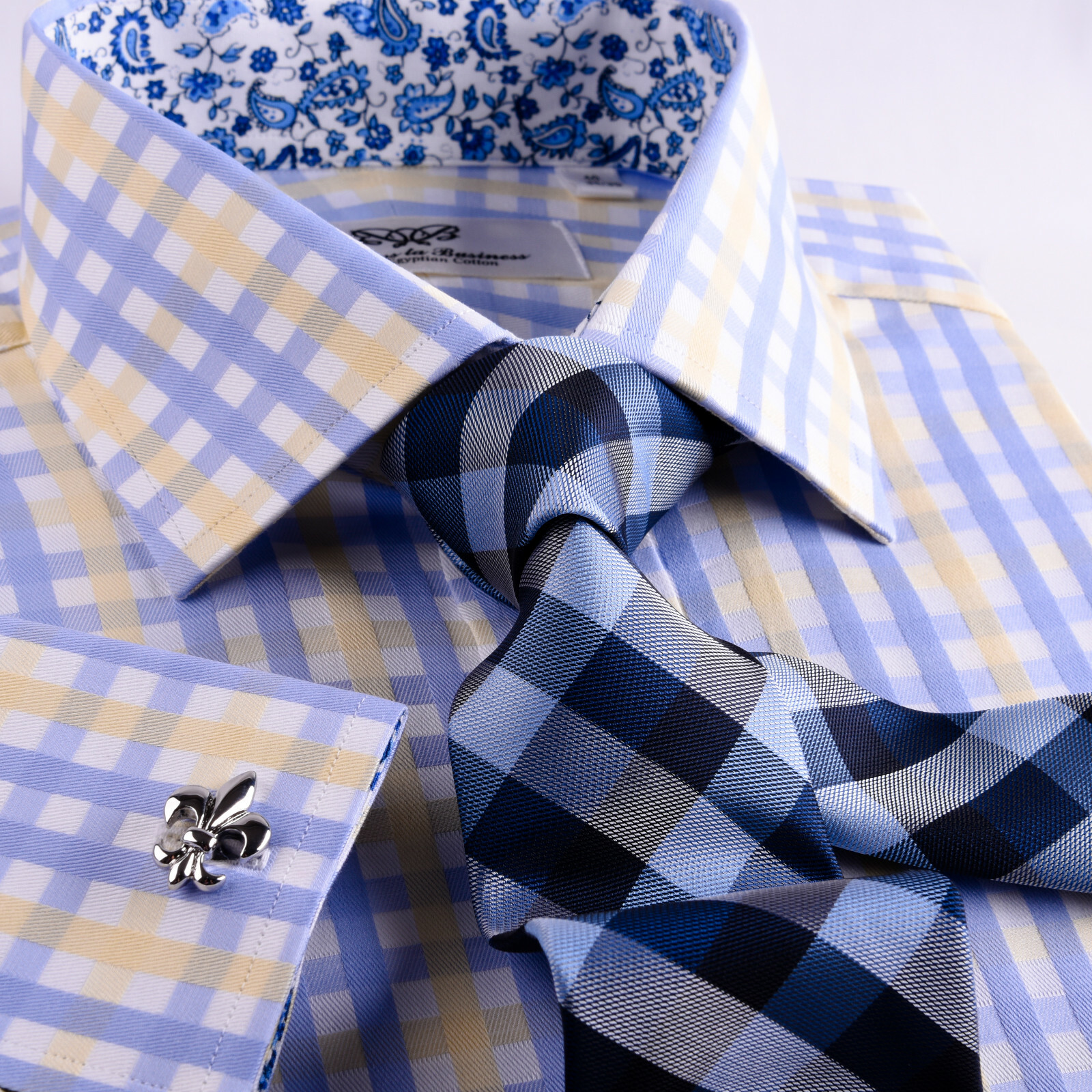 Blue Herringbone Stripe Business Dress Shirt Yellow Luxury Formal Stylish Design