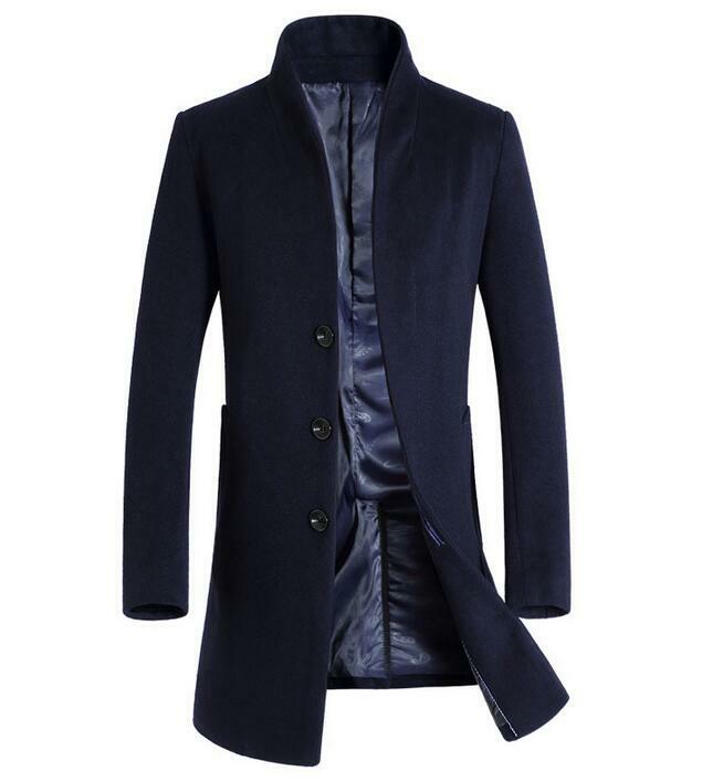 Men’s Wool Blend Mid Length Jacket Formal Stand Collar Slim Trench Coat Oversize