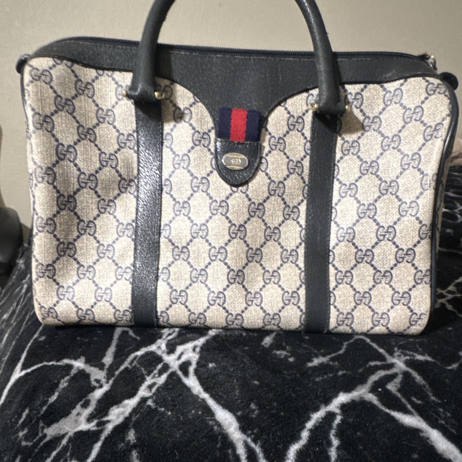 Vintage Gucci GG Monogram Satchel Top Handle Bag Zip Closure Beige Blue