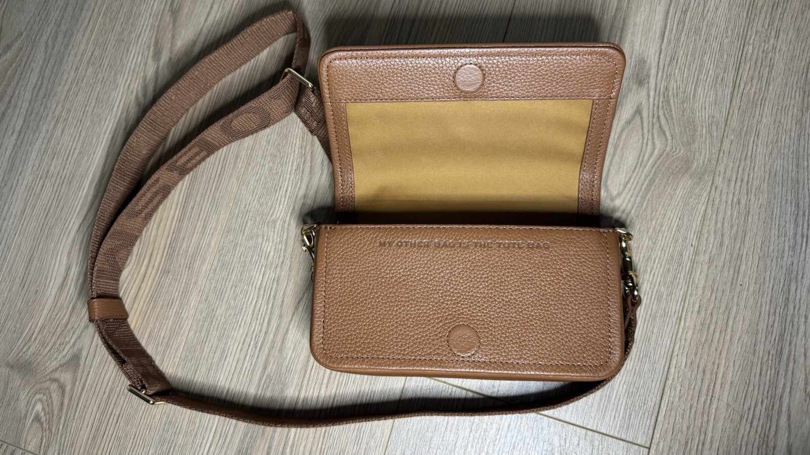 Marc Jacobs Mini Crossbody Bag Brown Pebbled Logo Gold HW Magnetic Closure