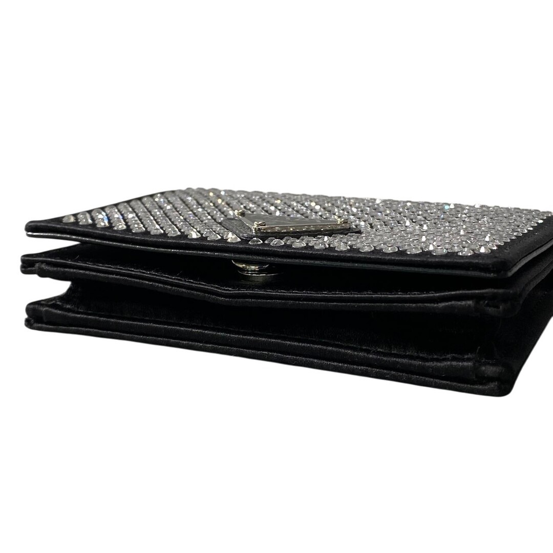 PRADA Rhinestone Flap Card Holder Mini Bag Black Silver Women TA1 Used AYAN-0