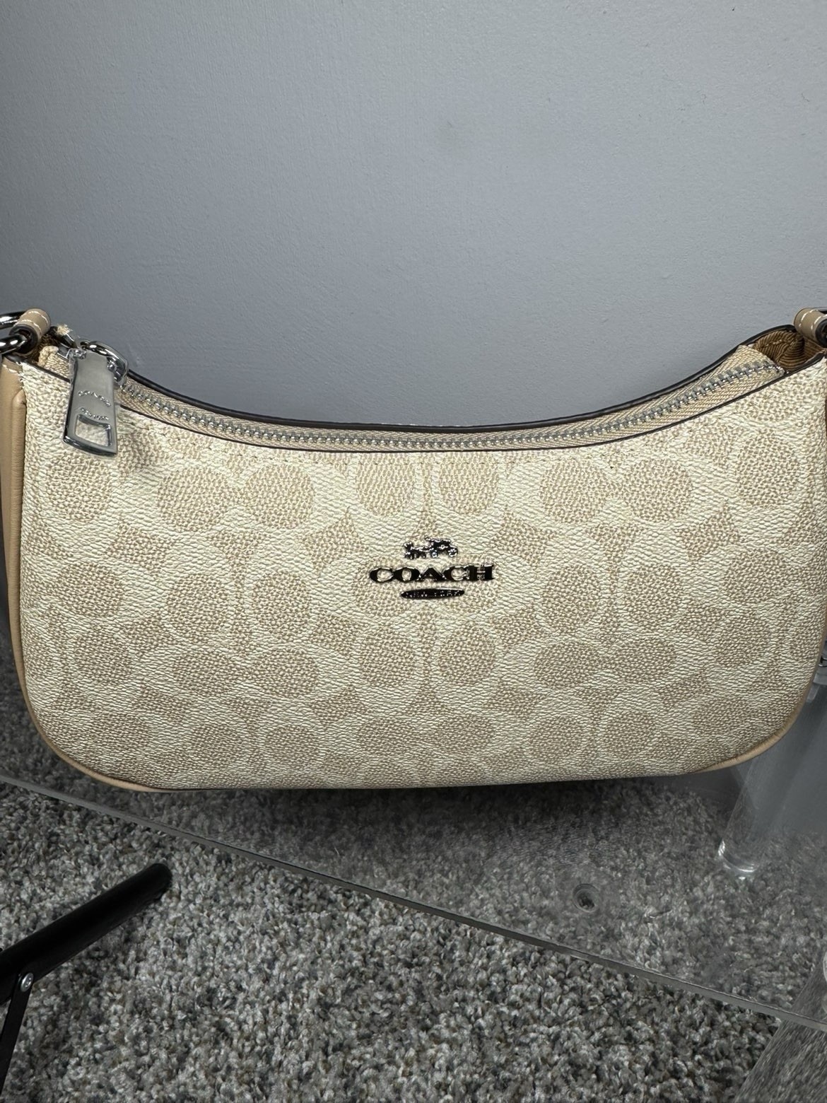 Coach Signature Beige Small Crescent Shoulder Bag Zip Closure Chain Strap