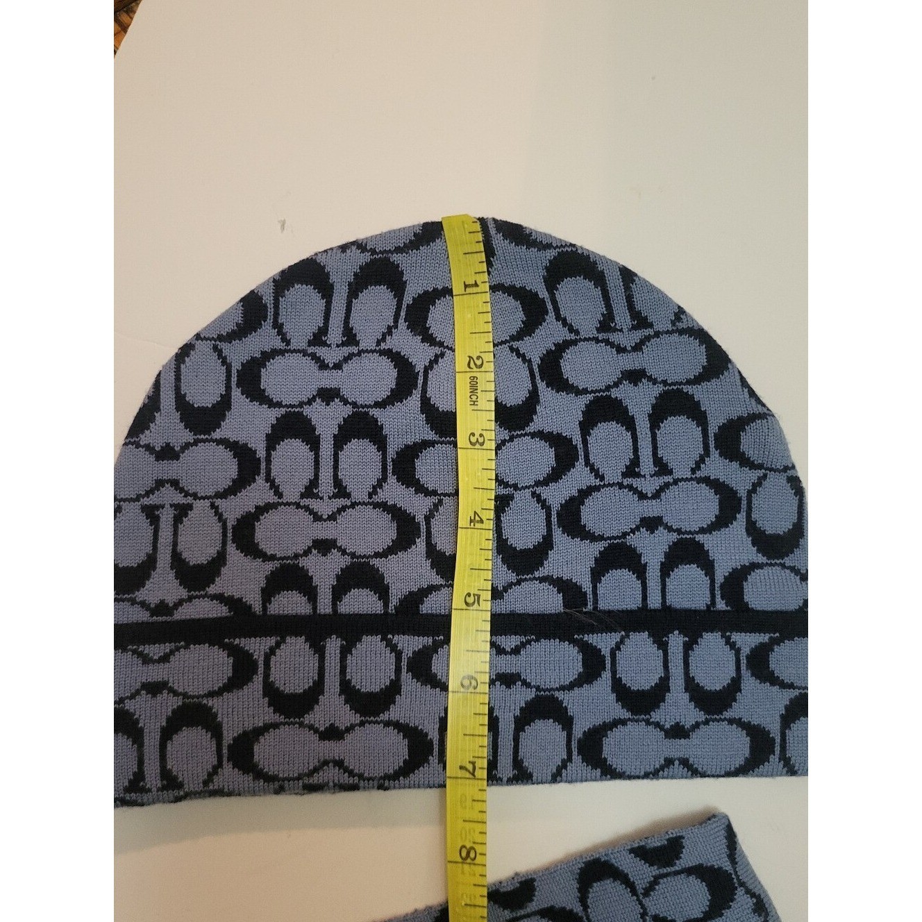 COACH Knit Signature C Logo Beanie Matching Scarf Set Two-Tone Blue