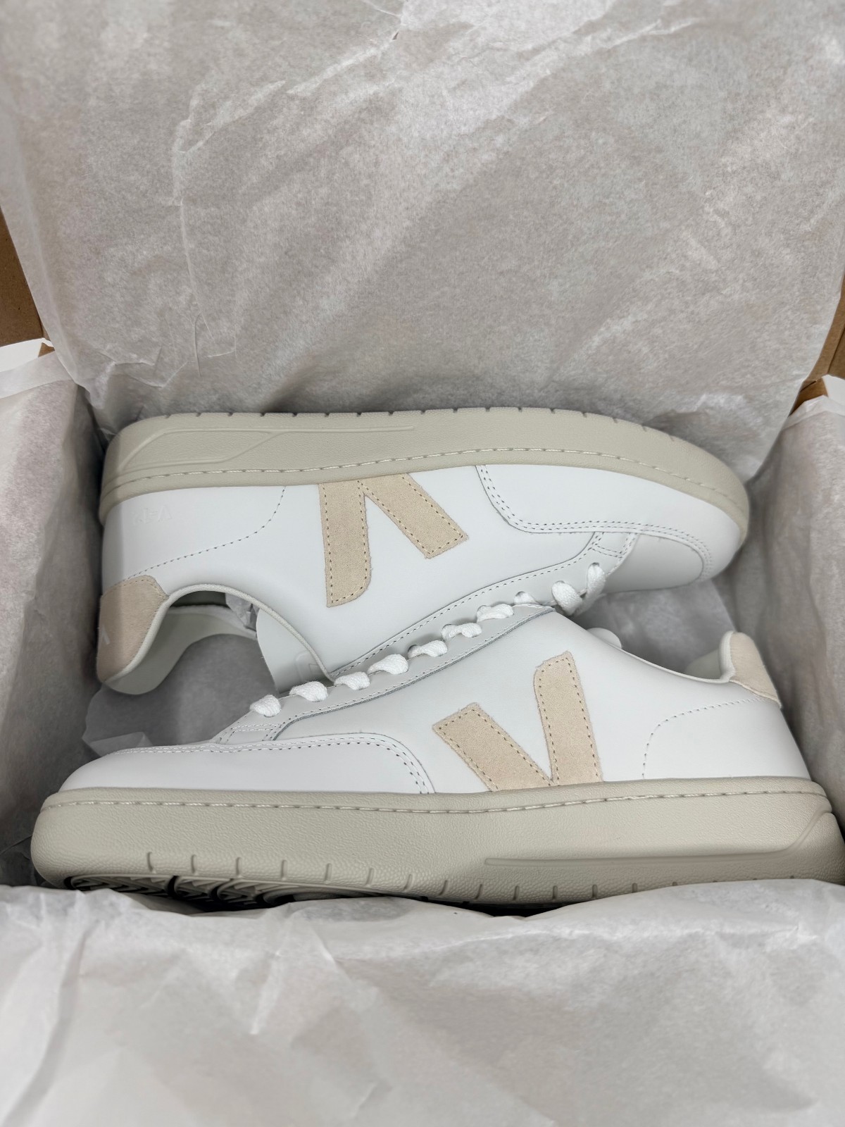 New Veja V-12 Leather Sneakers, Extra White/Sable Size US W8/ M6