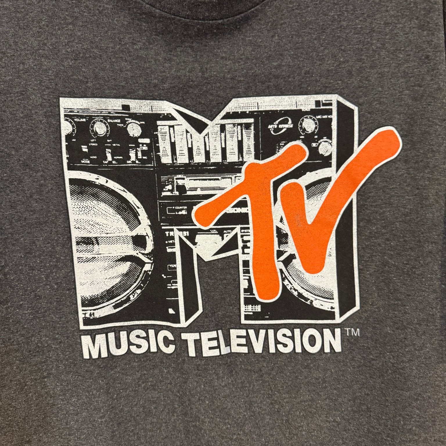 MTV Music Television Boombox Graphic T-Shirt Charcoal Grey Orange Mens XL Retro