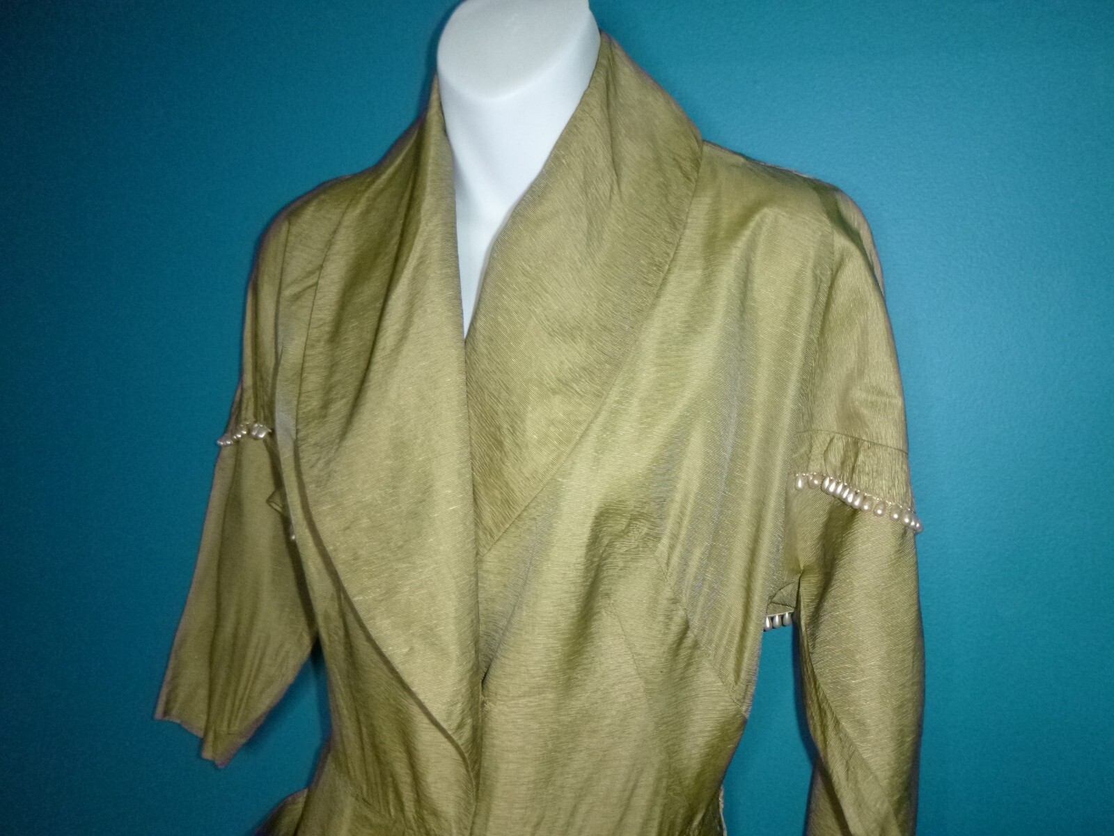 Vtg 50s Shawl Collar Dress Khaki Satin Fabric Teardrop Pearl Bead Accents Sz S