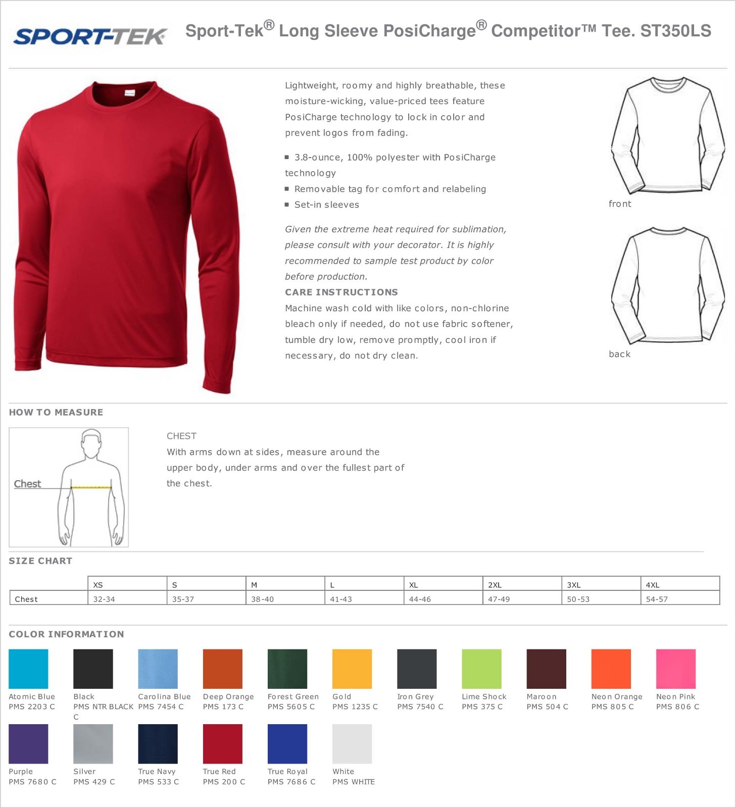 Sport-Tek Men’s Long Sleeve Performance Moisture Wicking T-Shirt M-ST350LS
