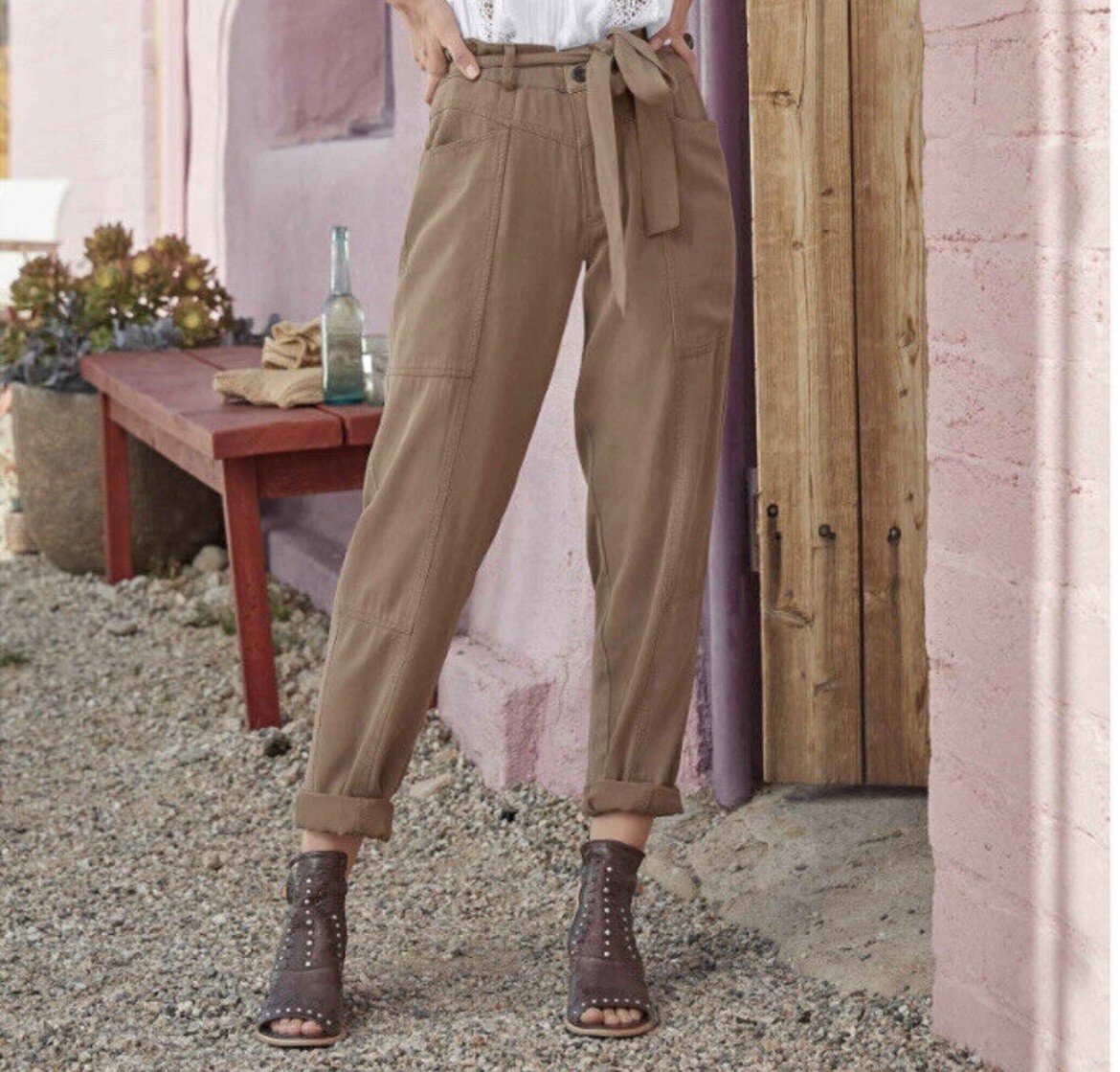Sundance Fluid Days Pants Lyocell Viscose High Waist Belted Clay Brown Size 14