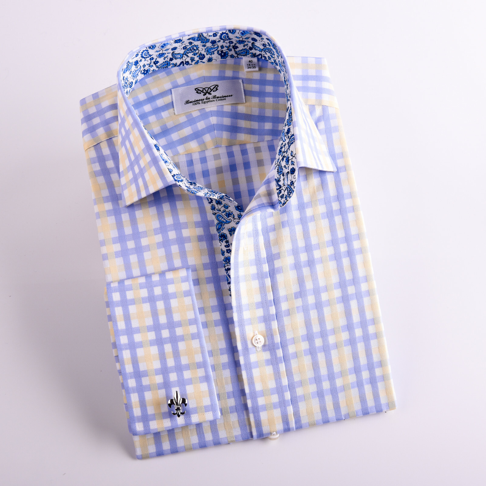 Blue Herringbone Stripe Business Dress Shirt Yellow Luxury Formal Stylish Design