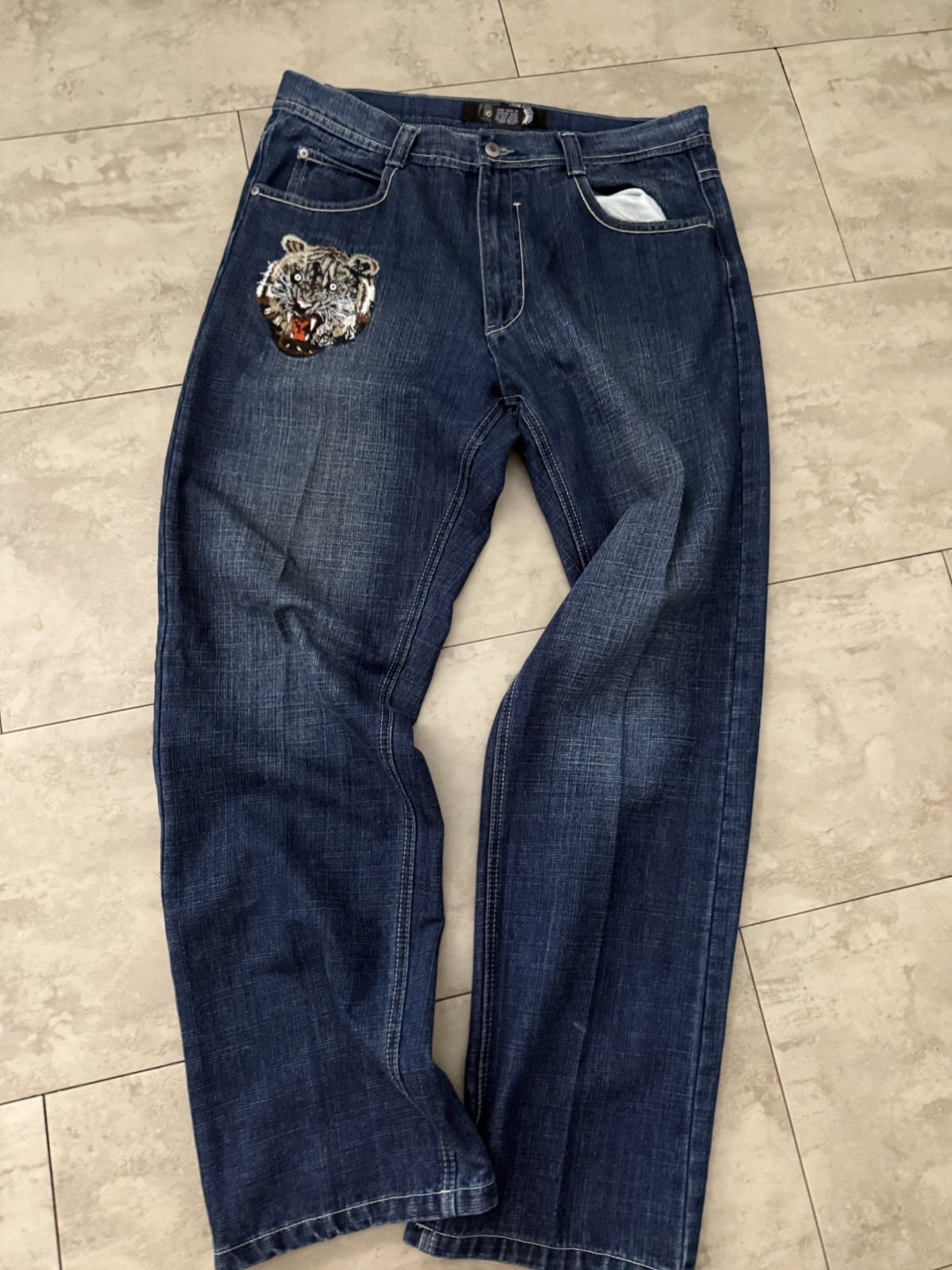 EXA Unlimited Men’s Hip Hop Skater Baggy Embroidered Y2K Denim Jeans 36×34