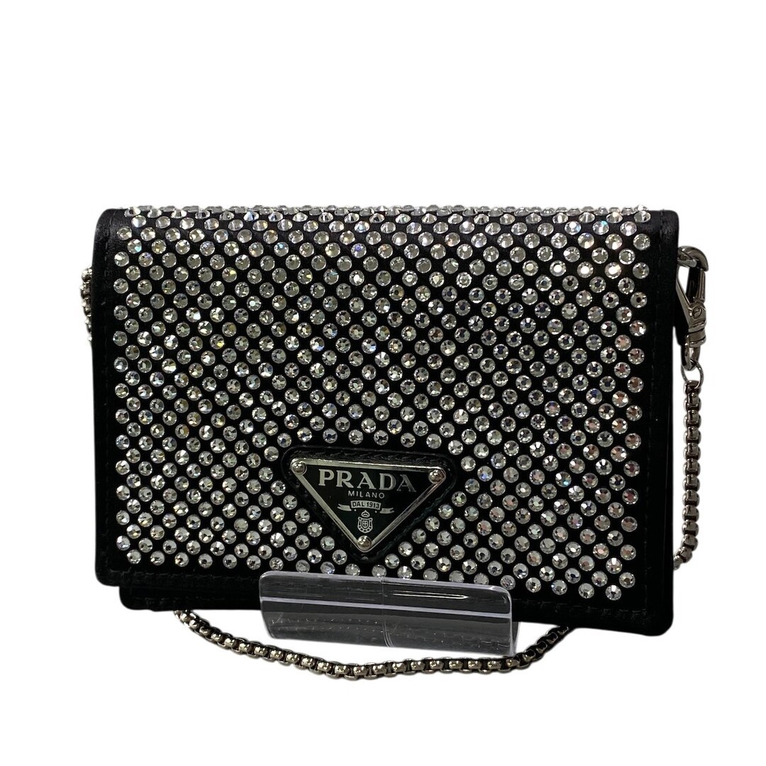 PRADA Rhinestone Flap Card Holder Mini Bag Black Silver Women TA1 Used AYAN-0