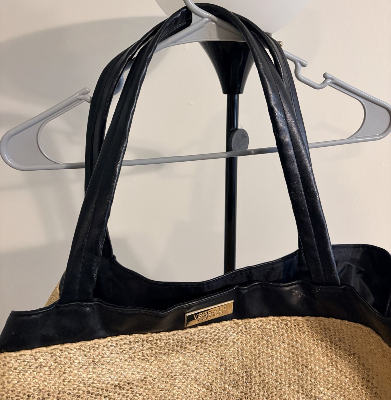Versace Beige & Black Tote Bag Double Handles Magnetic Closure Pockets
