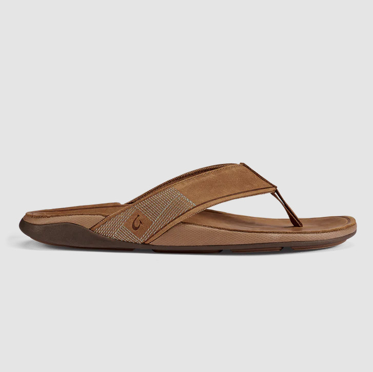 NEW OluKai Tuahine Men’s Waterproof Leather Sandals Toffee Comfort Flip Flops