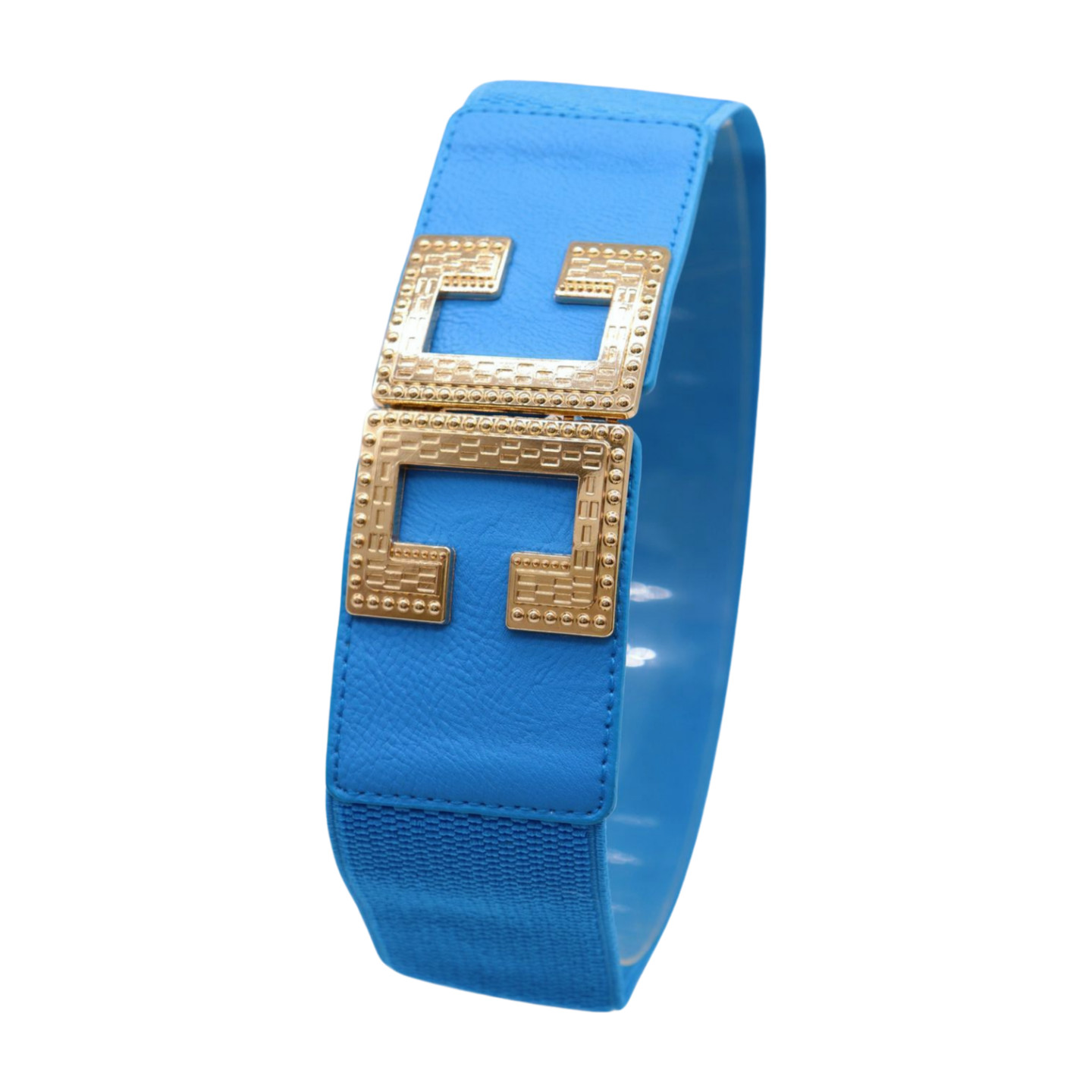 Women Blue Elastic Wide Fashion Belt Hip High Waist Gold Metal C Buckle Size S M