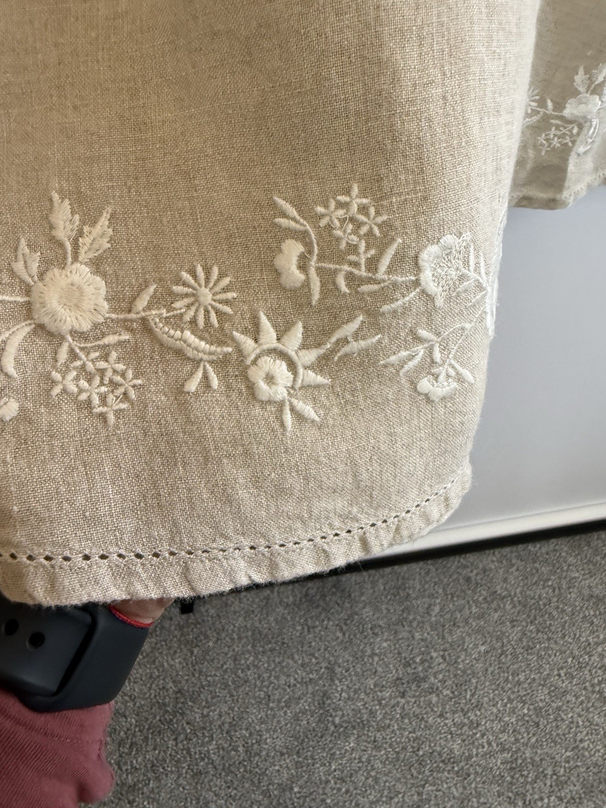 Orvis 100% Linen Skirt UK 12 Beige Elasticated Waist Embroidered Hem Summer