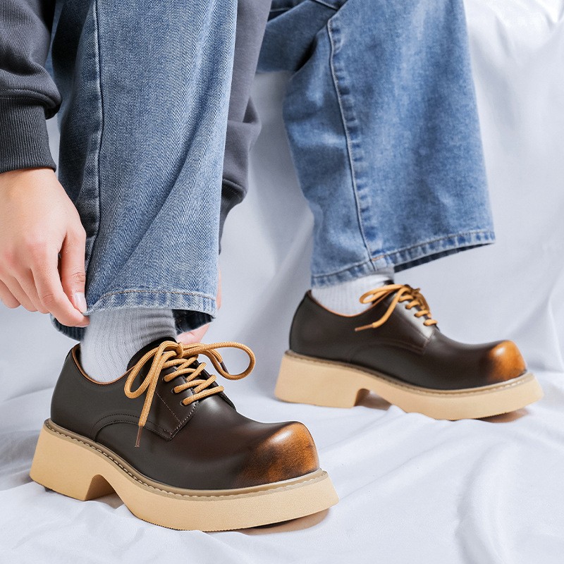Fashion Men‘s Platform Big Round Toe Leather Derby Shoes Dress Wide Large Size