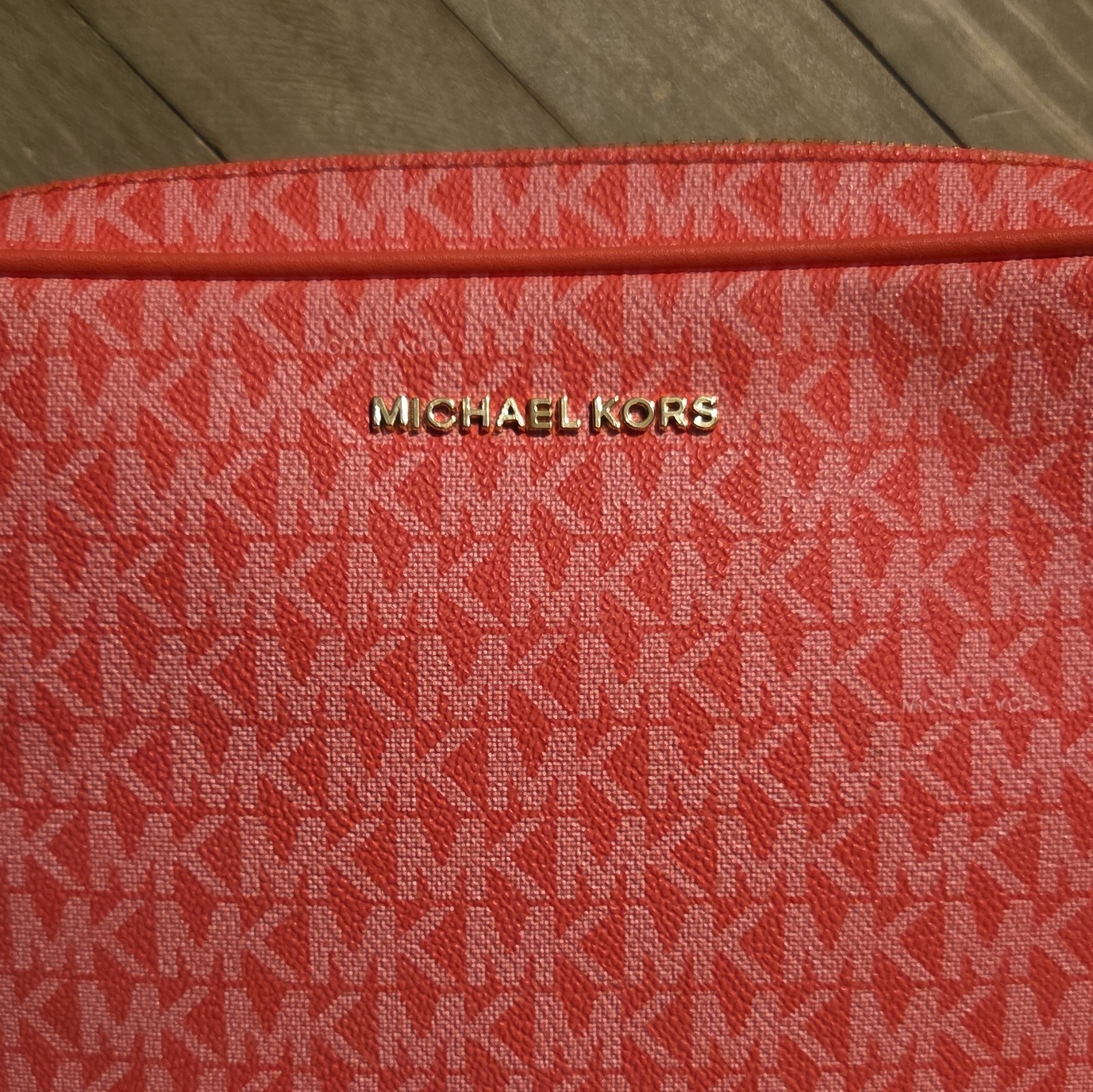 Michael Kors Flamingo Pink Monogram Logo Crossbody Bag Zip Gold Chain