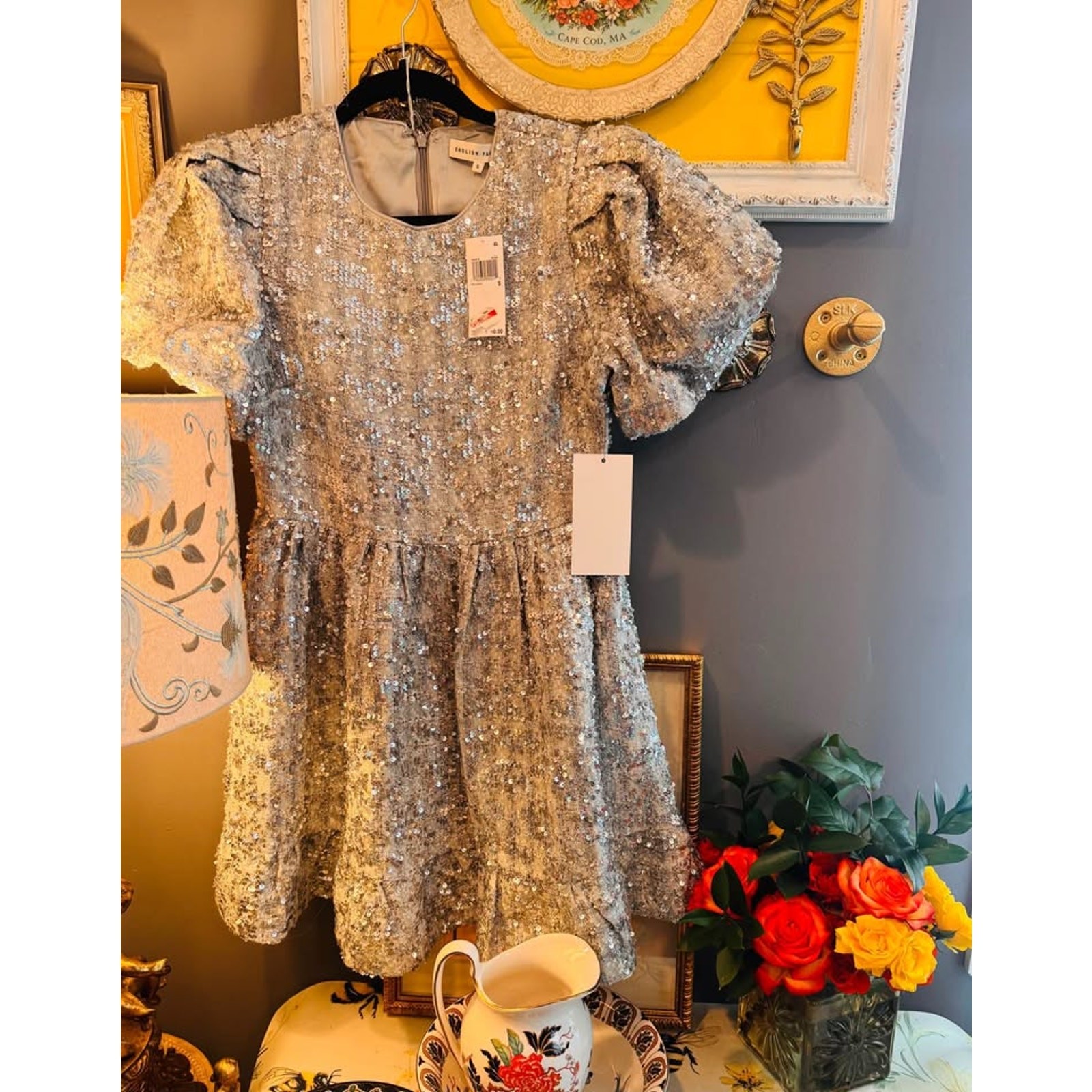 ✨ NWT English Factory Silver Sequin Puff Sleeve Party Dress – Size Small ✨