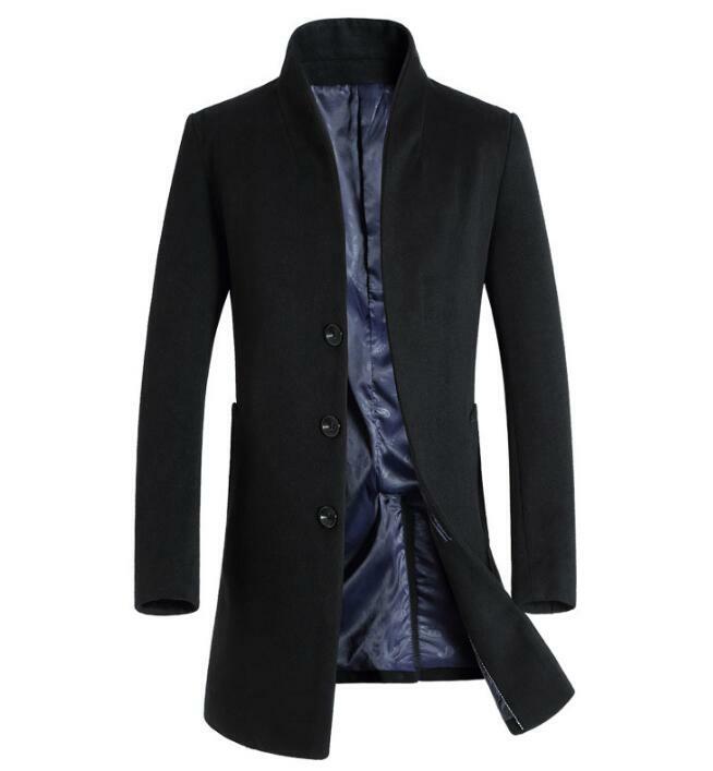 Men’s Wool Blend Mid Length Jacket Formal Stand Collar Slim Trench Coat Oversize