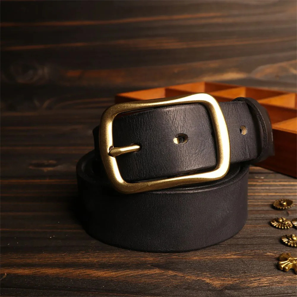 Amekaji Style Genuine Cowhide Leather Belt Brass Buckle Handcrafted 3.8cm Width