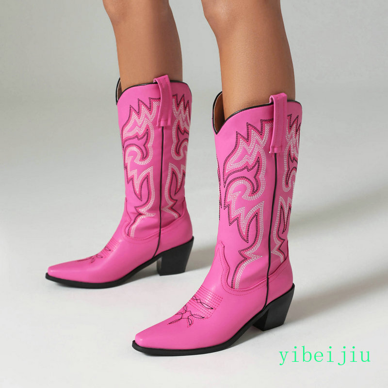 Women’s Western Cowboy Mid Calf Boot Embroidery Sweet Candy Heel Leather Shoes