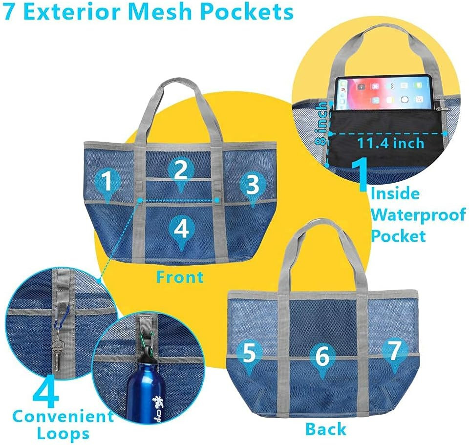 Mesh Beach Bag Family – Large Tote Bag 9 Pockets for Swim Pool Toys Cruise Beach