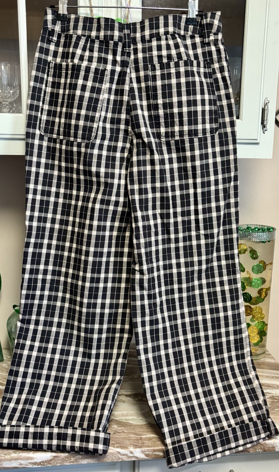 ASOS DESIGN Women Pants Size 6 Black White Checkered Plaid High Rise Wide Leg
