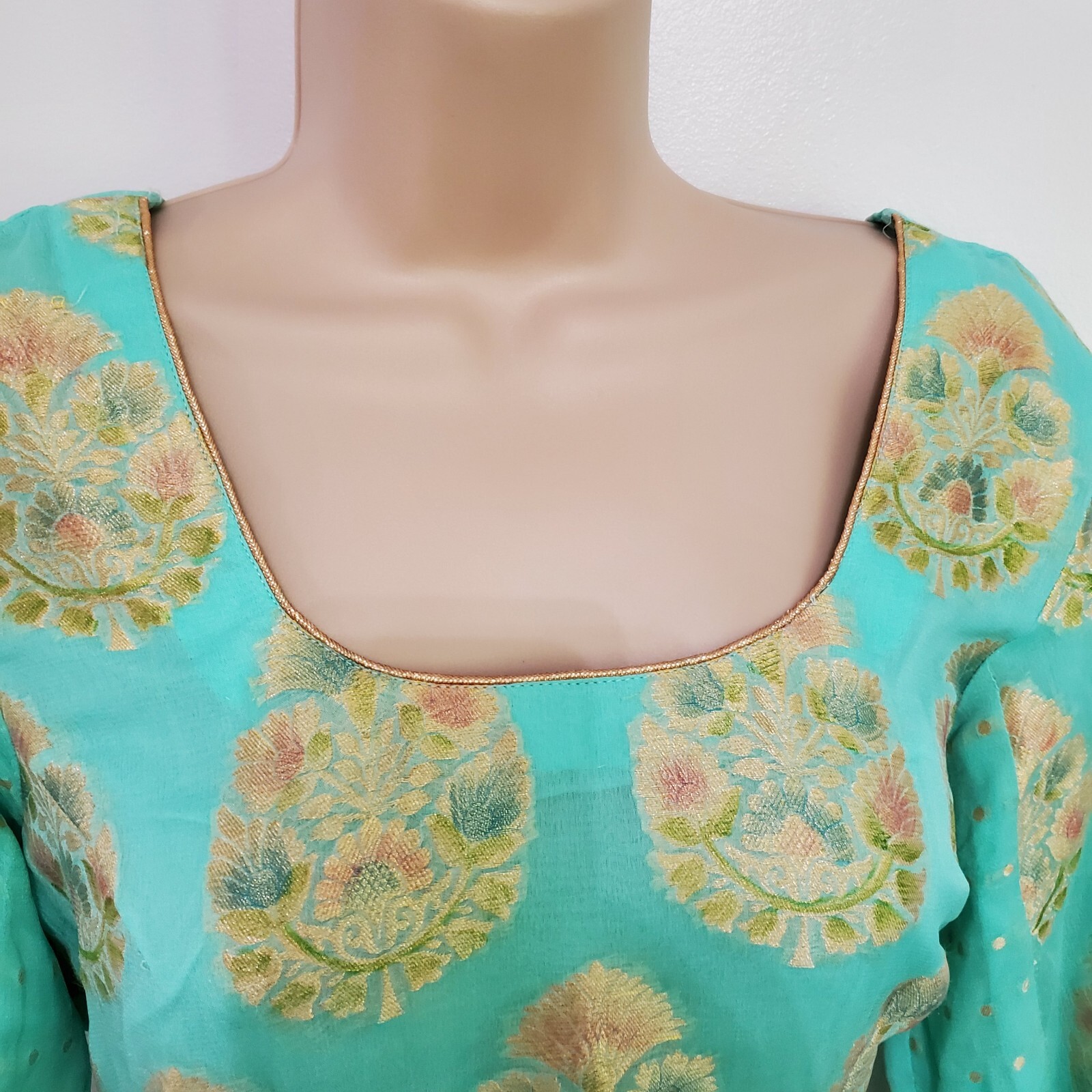 Handmade Kurta Tunic Style Mint Green Ethnic Boho Art LagenlookGold Trim