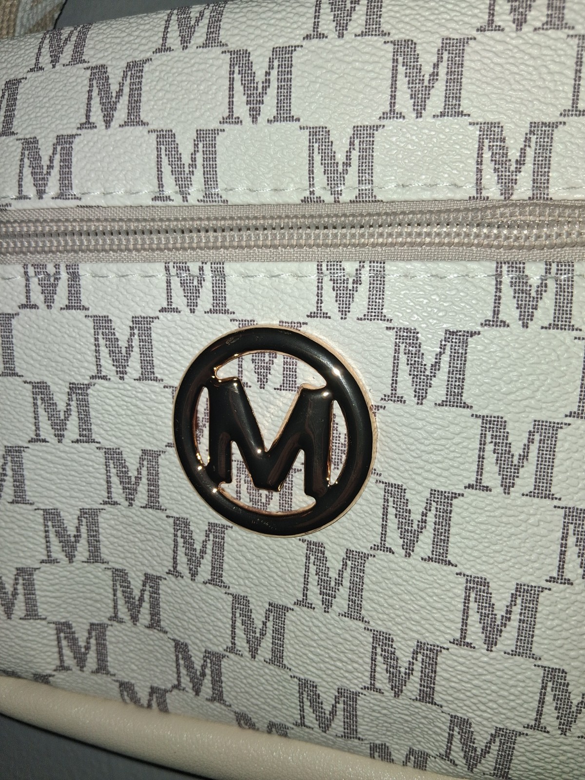 Beige Monogram Crossbody Shoulder Bag Zip Closure Adjustable Strap Gold