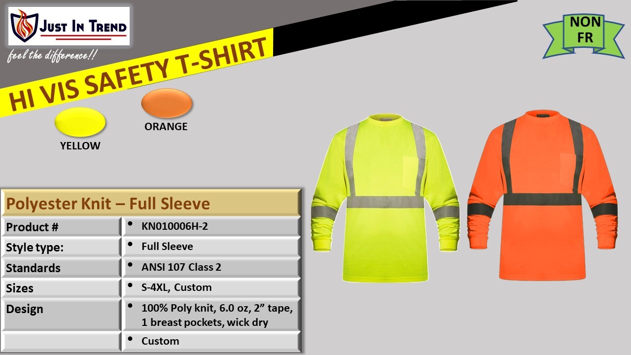High Visibility Fluorescent Safety T-Shirt – Full Sleeve – 100% Polyester