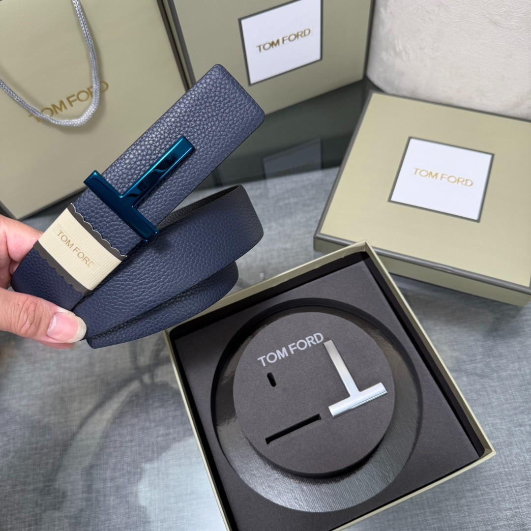 Tom Ford Handmade Double-Buckle Reversible Belt 3.8cm/1.50″ Blue/Black