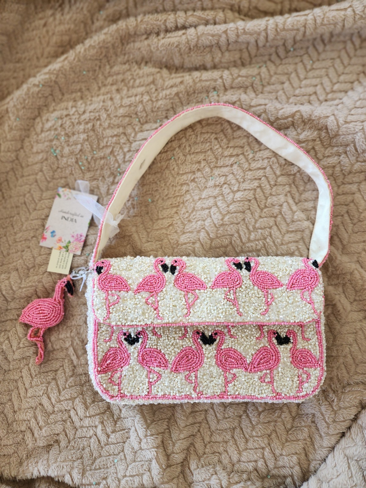 NWT New Release Handcrafted in India Pink Flamingo Beaded Shoulder Bag & charm