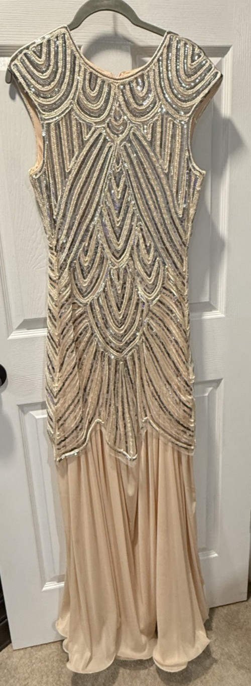 Retro 1920’s stage full length women’s silver and ivory sequin dress