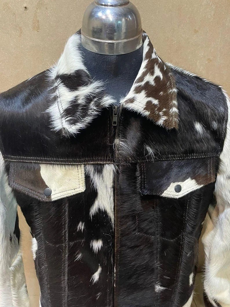 Men’s Genuine Cowhide Hair-On Leather Jacket -Natural Cow Skin Pattern Coat Gift